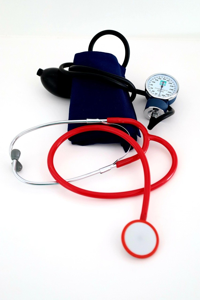 blood pressure monitor, stethoscope, medical, device, equipment, tool, apparatus, tube, pump, bulb, gauge, manometer, black, red, stethoscope, stethoscope, stethoscope, stethoscope, stethoscope, medical